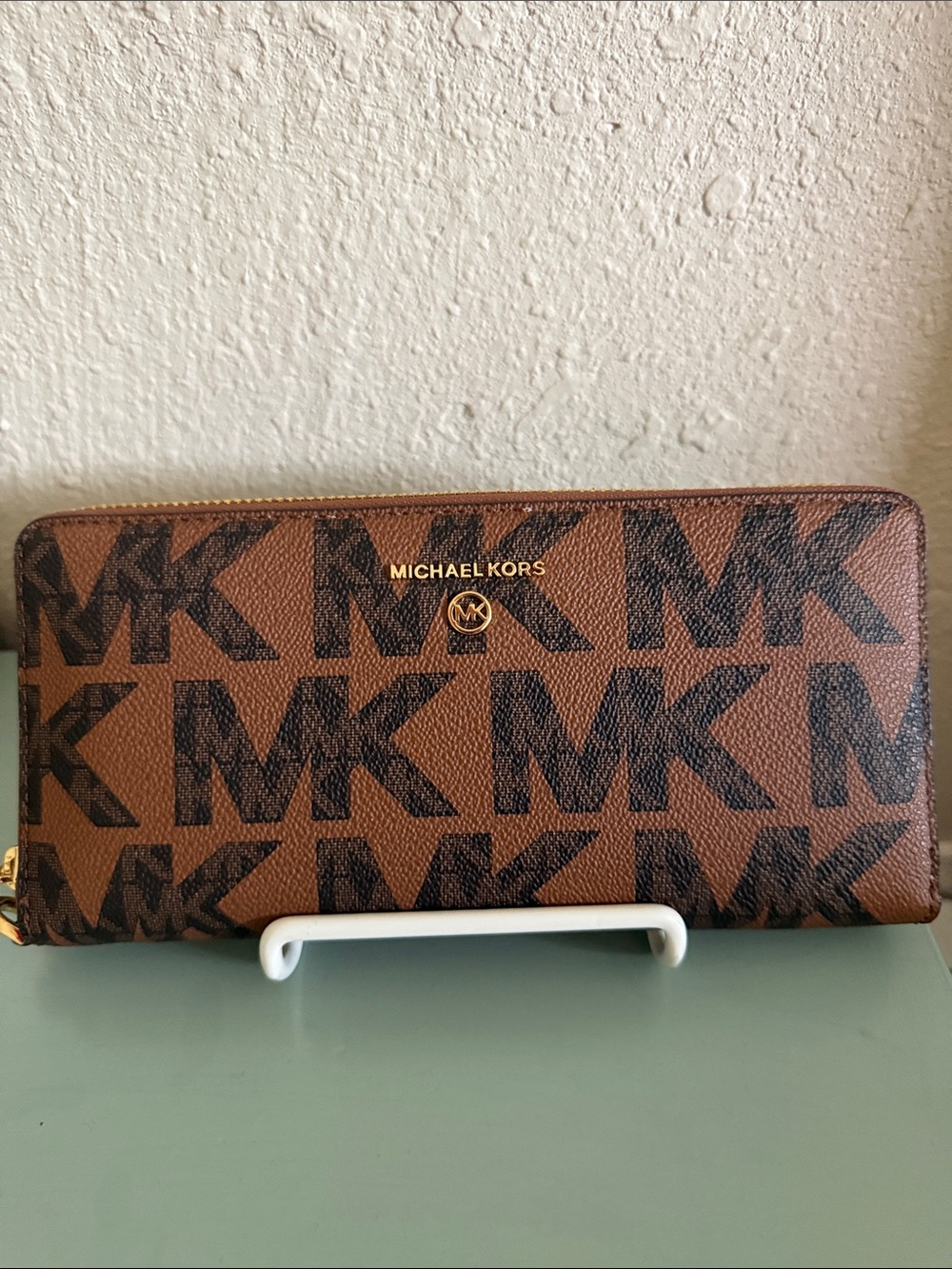 Michael Kors Brown and Dark Brown MK Logo Detachable Wristlet Strap Zip Wallet